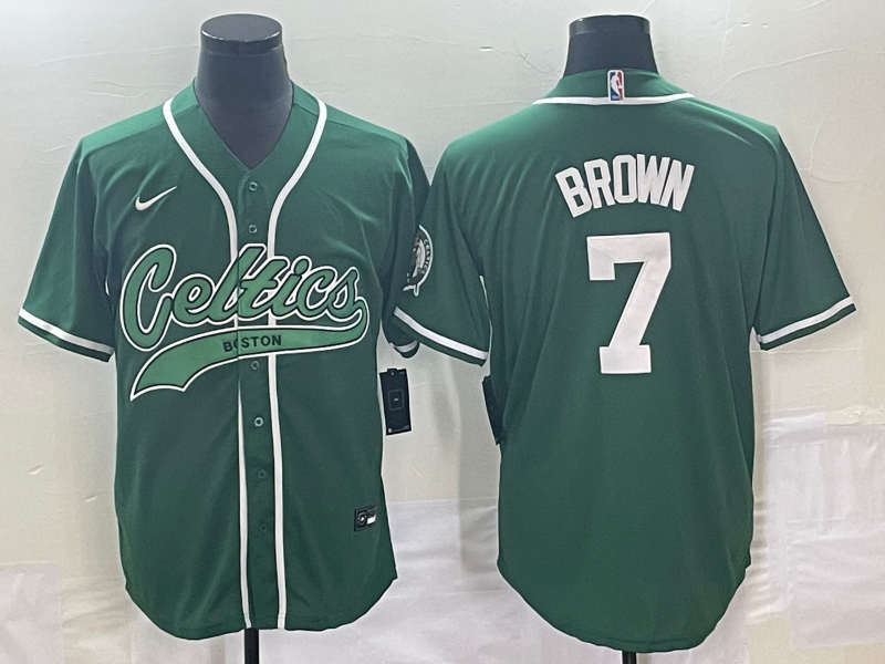 Men's Boston Celtics #7 Jaylen Brown Green Stitched Baseball Jersey